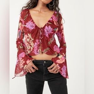 Free People Burgundy Floral Tie-Front Blouse